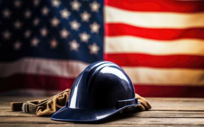 Gloves, hard hat and an American flag