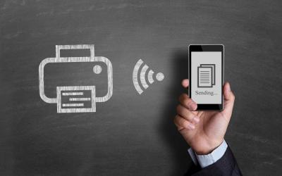 Graphic of a cellphone sending a signal to a printer