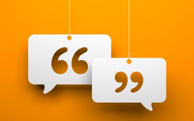 Quotation marks inside speech bubbles against orange background