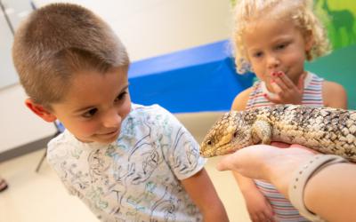 Children observe large lizard